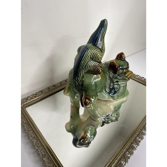 Chinese Foo Dog Green Guardian Shishi Lions Figurine Green Glazed Chinoiserie - Picture 13 of 14